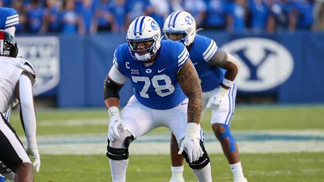 Oct 21, 2023; Provo, Utah, USA; Brigham Young Cougars offensive lineman Kingsley Suamataia (78) prepares to block against the Texas Tech Red Raiders in the first half at LaVell Edwards Stadium.